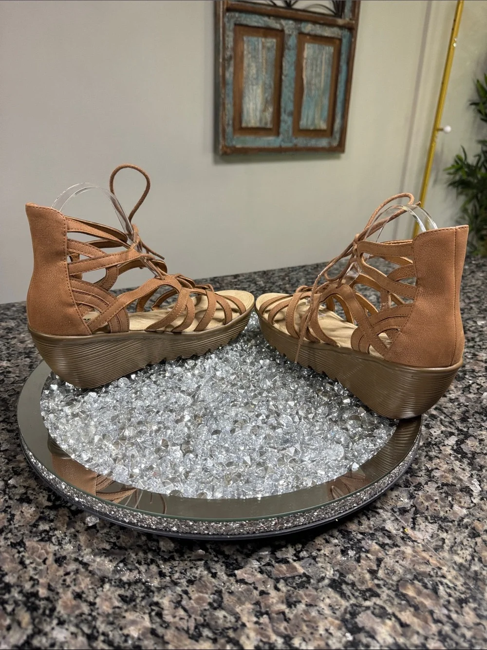 Skechers memory foam Tan Strappy Lace-Up Wedge Sandals EUC 9